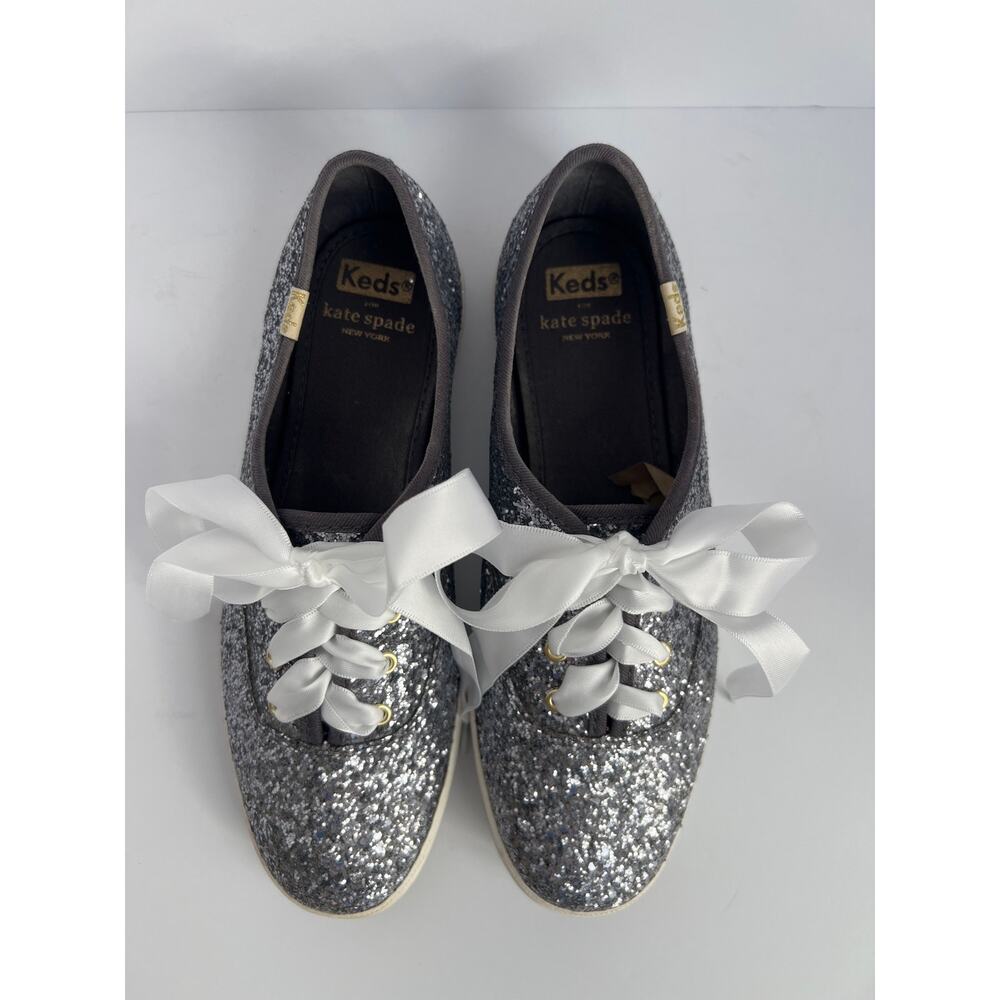 Keds x Kate Spade New York Champion Silver Glitter Ribbon Lace Sneakers Size 7.5